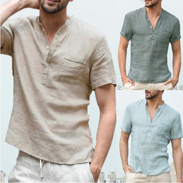 Casual Linen Solid Color Shirt Button V Neck Beach Shirt Men Tops