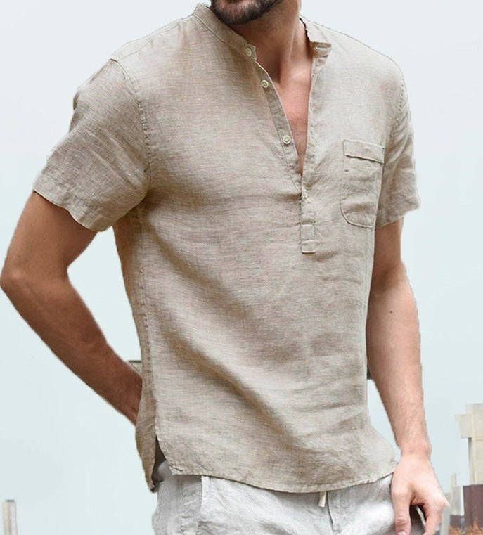 Casual Linen Solid Color Shirt Button V Neck Beach Shirt Men Tops