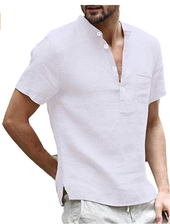Casual Linen Solid Color Shirt Button V Neck Beach Shirt Men Tops