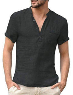 Casual Linen Solid Color Shirt Button V Neck Beach Shirt Men Tops