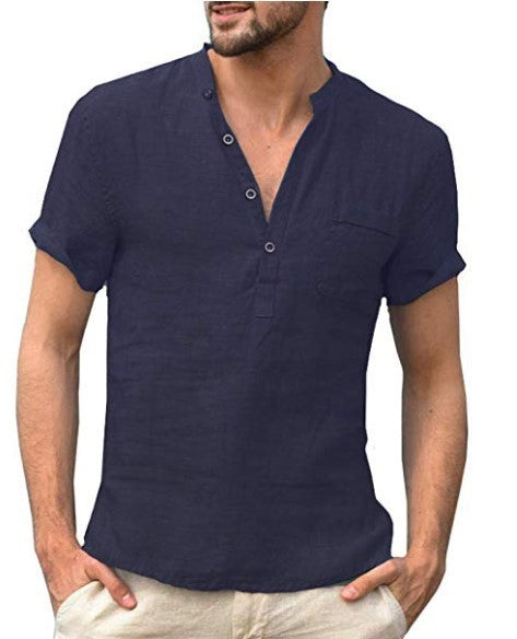 Casual Linen Solid Color Shirt Button V Neck Beach Shirt Men Tops