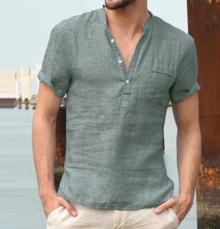 Casual Linen Solid Color Shirt Button V Neck Beach Shirt Men Tops